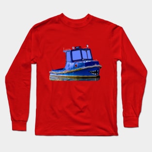 A Blue boat with shark jaws painted on its bow Long Sleeve T-Shirt